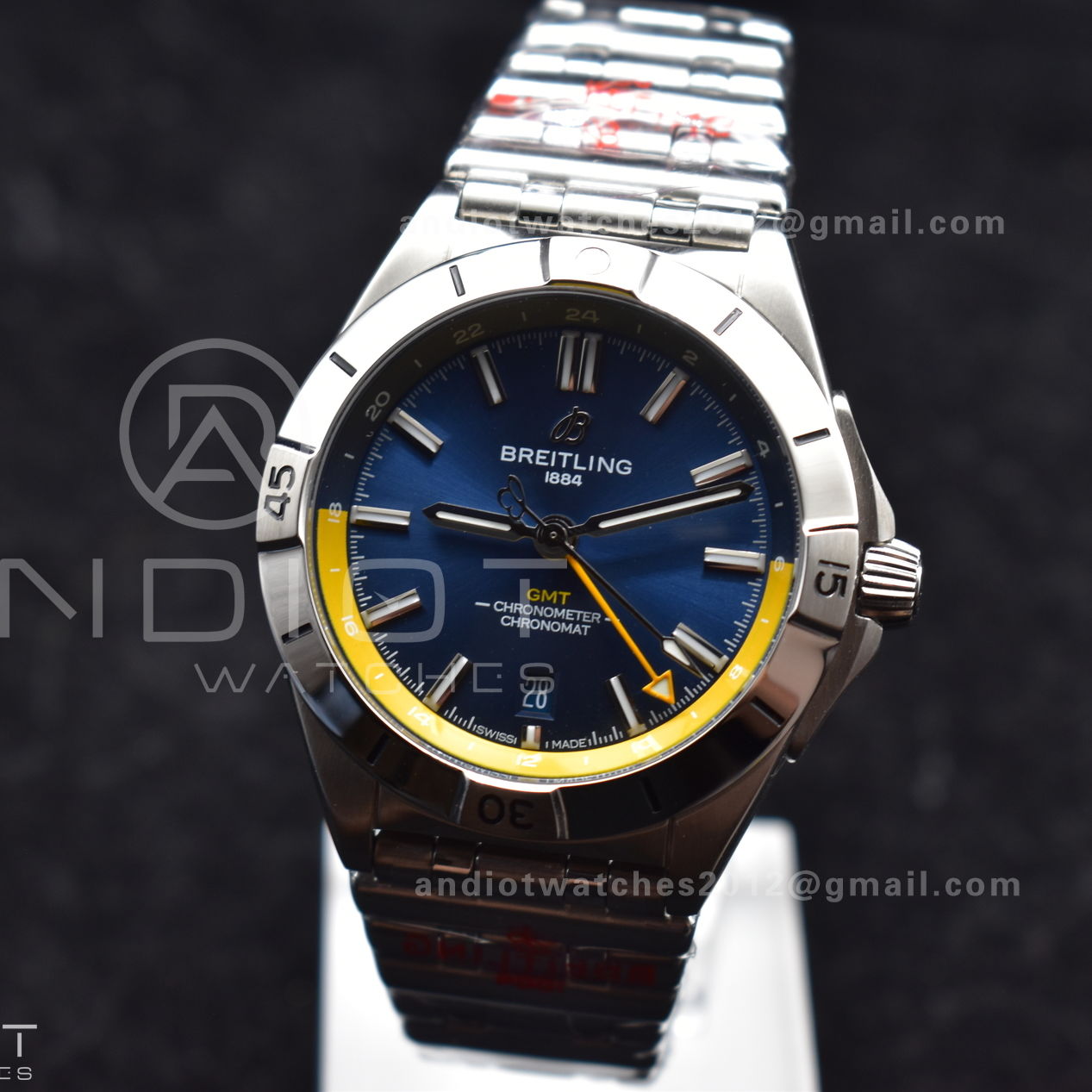 Breitling BLS Factory Chronomat Automatic 1:1 Best Edition GMT 40mm Blue Dial with Inner Yellow Rim On SS Bracelet A2836